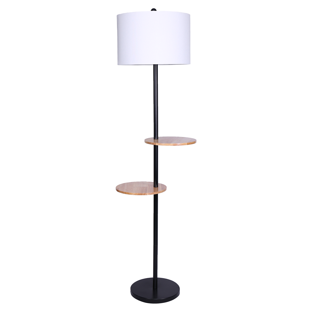 Sarantino Metal Floor Lamp Shade with Black Post in Round Wood Shelves Sarantino