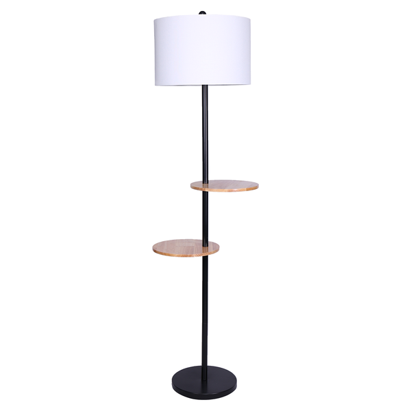 Sarantino Metal Floor Lamp Shade with Black Post in Round Wood Shelves Sarantino