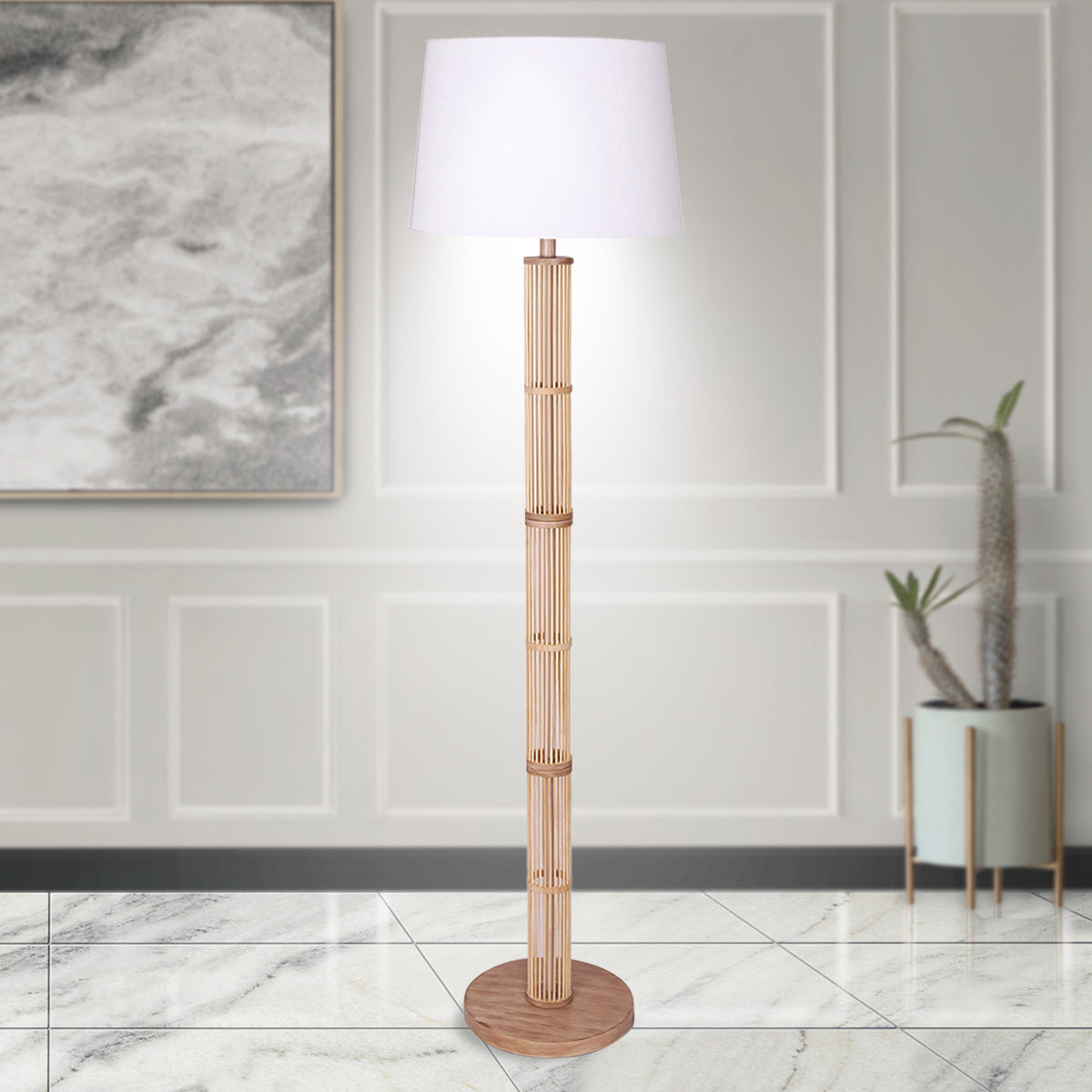 Sarantino Rattan Floor Lamp With Off-White Linen Shade by Sarantino Sarantino
