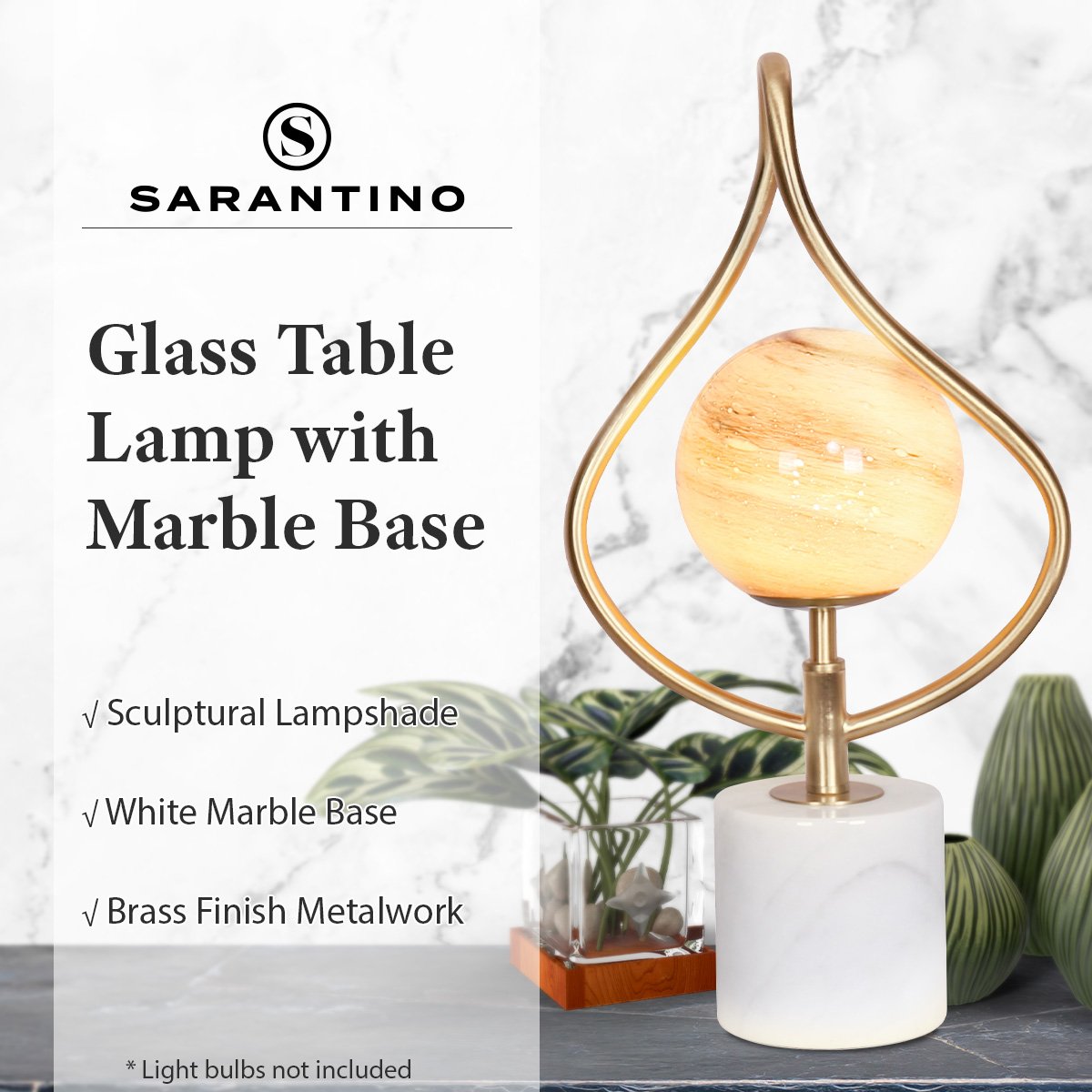 Sarantino Sculptural Orange Glass Table Lamp With White Marble Base Sarantino