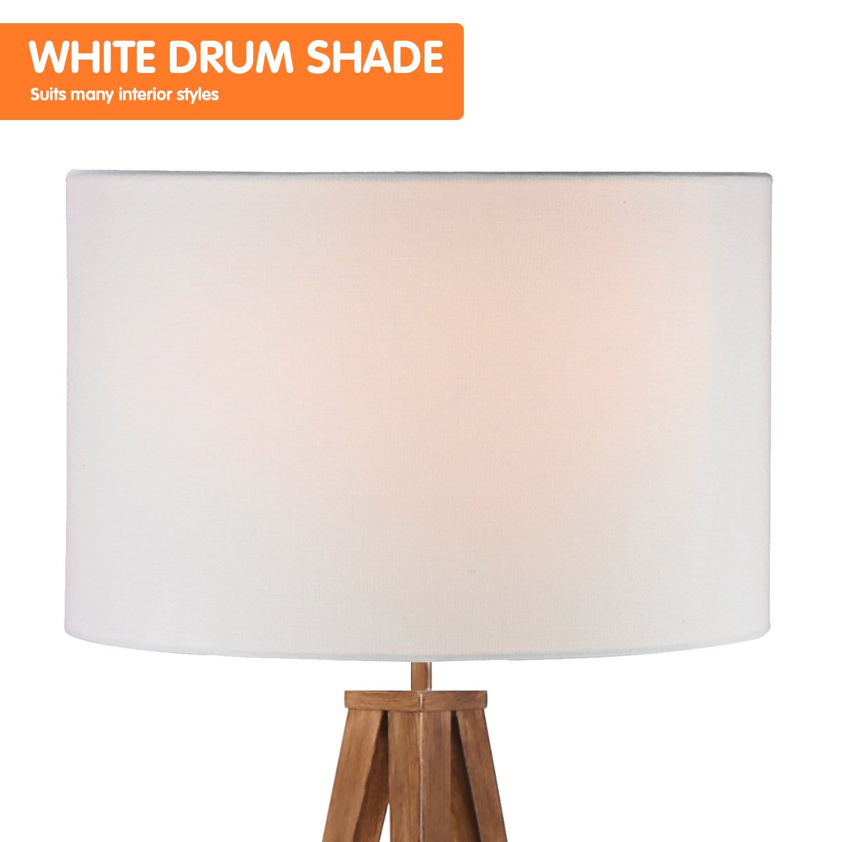 Sarantino Metal Tripod Floor Spot Lamp Shade Drum in Wooden Finish Sarantino