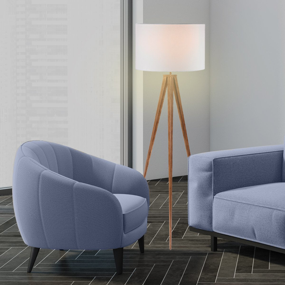 Sarantino Metal Tripod Floor Spot Lamp Shade Drum in Wooden Finish Sarantino