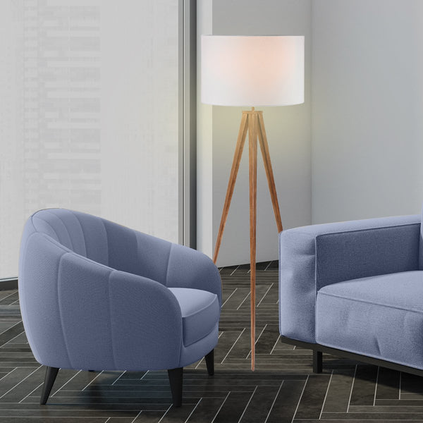 Sarantino Metal Tripod Floor Spot Lamp Shade Drum in Wooden Finish Sarantino