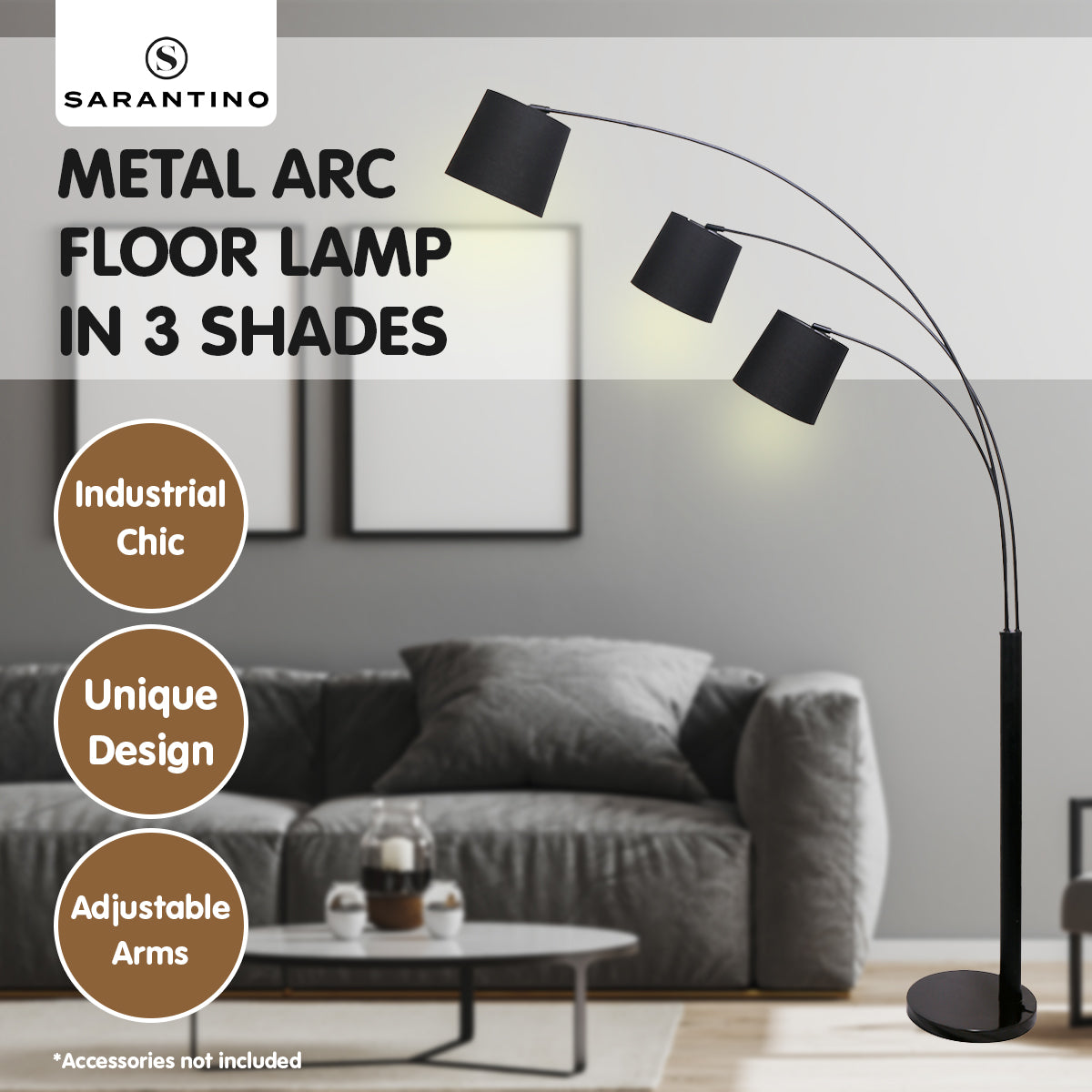 Sarantino 3-Light Arc Floor Lamp Adjustable Black 3 Shades Sarantino