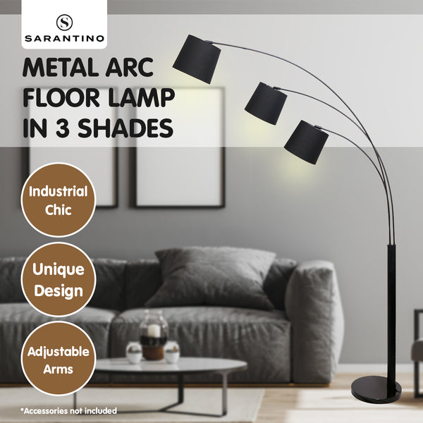 Sarantino 3-Light Arc Floor Lamp Adjustable Black 3 Shades Sarantino