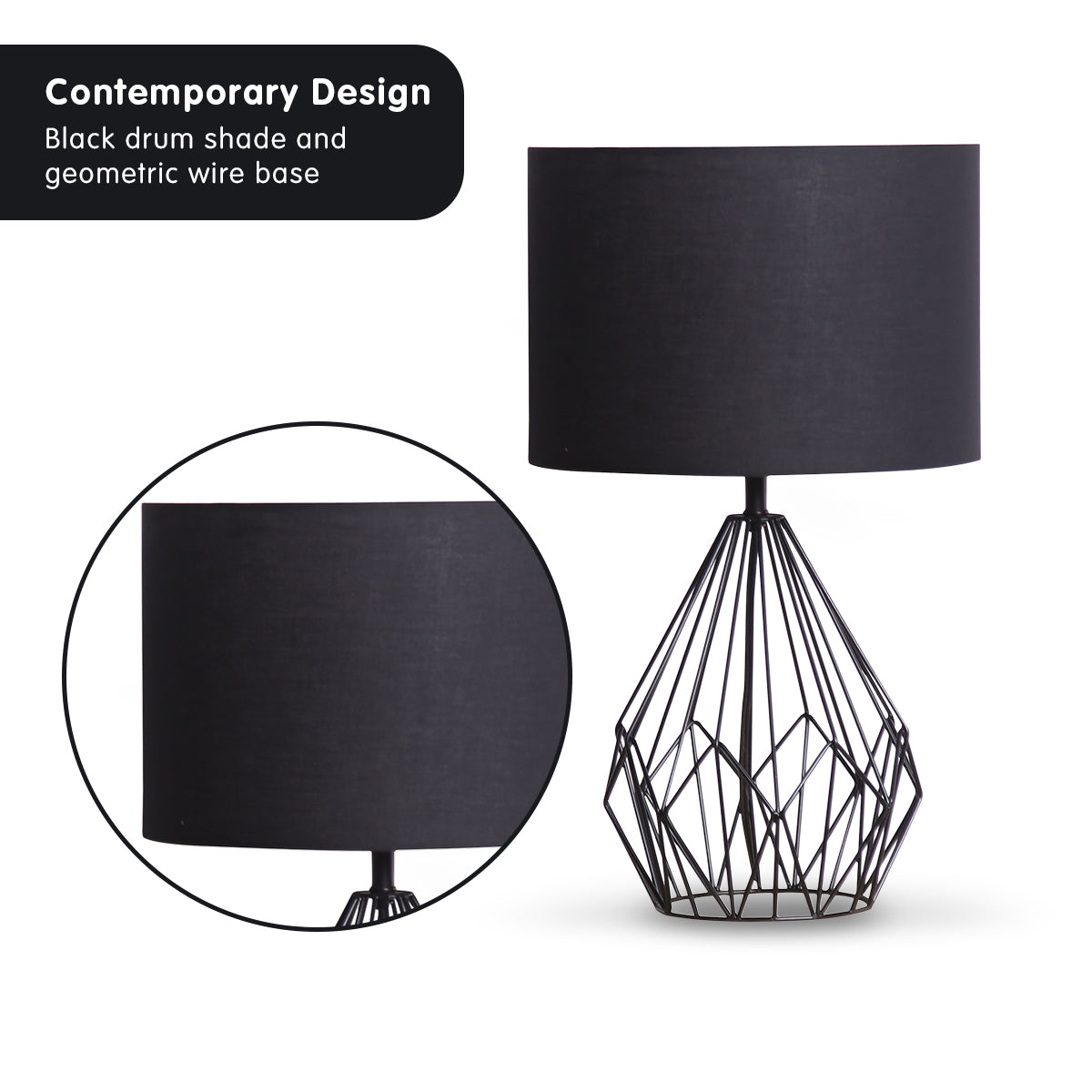Sarantino Metal Wire Table Lamp in Black Finish With Black Drum Shade Sarantino