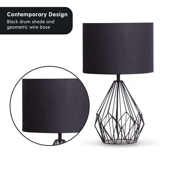 Sarantino Metal Wire Table Lamp in Black Finish With Black Drum Shade Sarantino