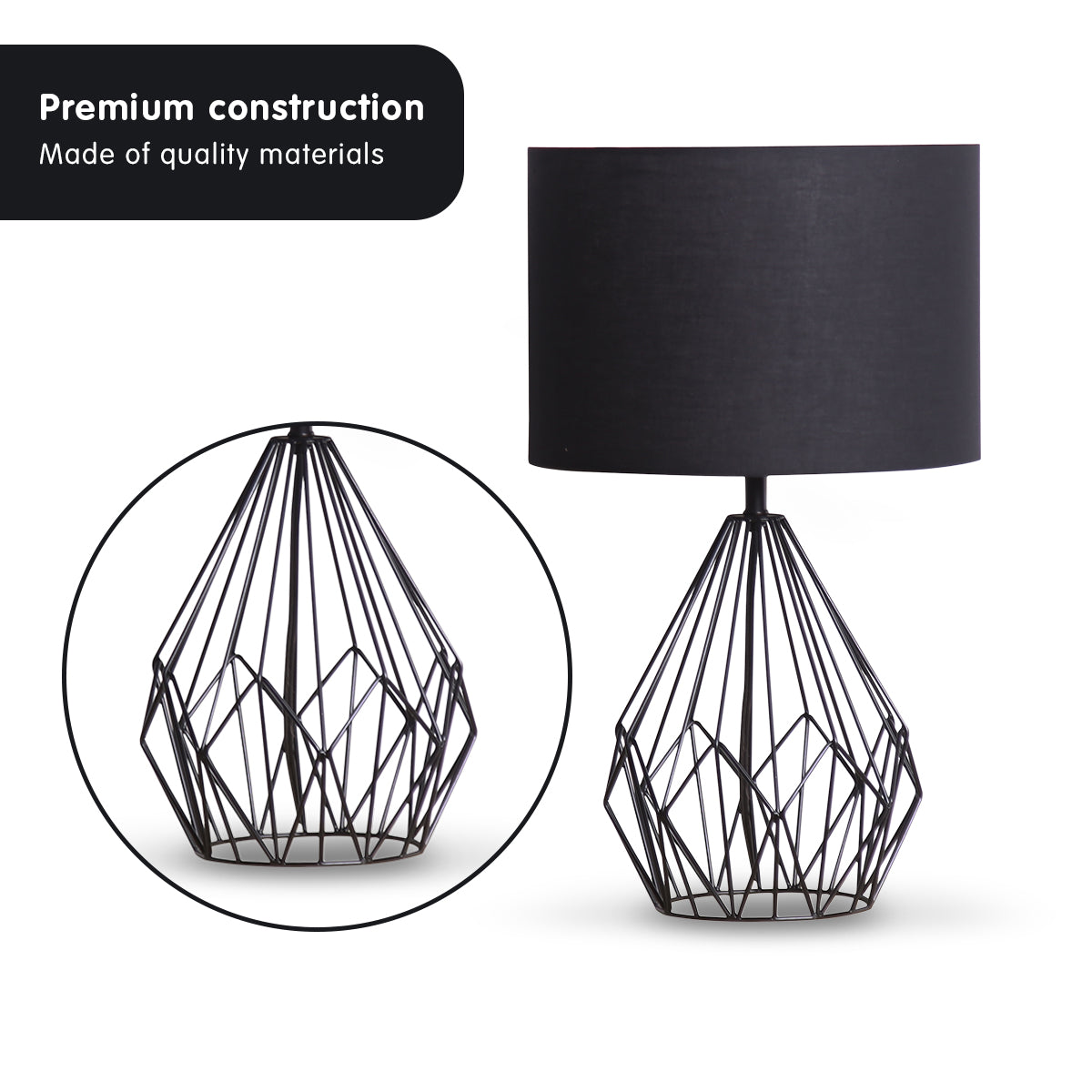 Sarantino Metal Wire Table Lamp in Black Finish With Black Drum Shade Sarantino