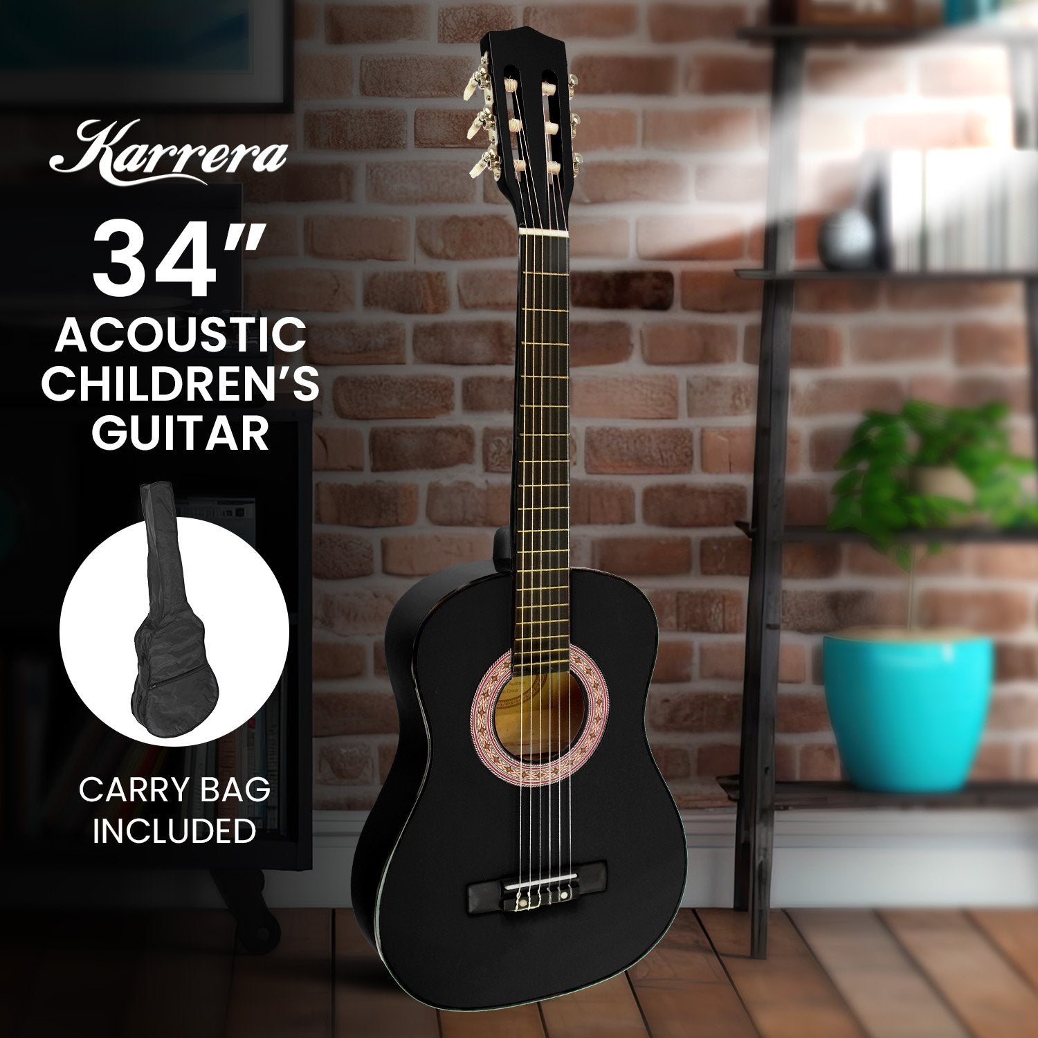 Karrera 34in Acoustic Children Wooden Guitar - Black Karrera