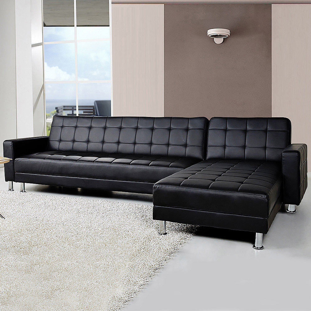 Sarantino Corner Faux Leather Sofa Bed Couch with Chaise - Black Sarantino