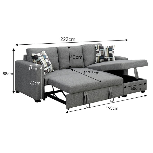 Sarantino Fontana Pullout Sofa Bed with Storage Chaise Lounge - Grey Sarantino