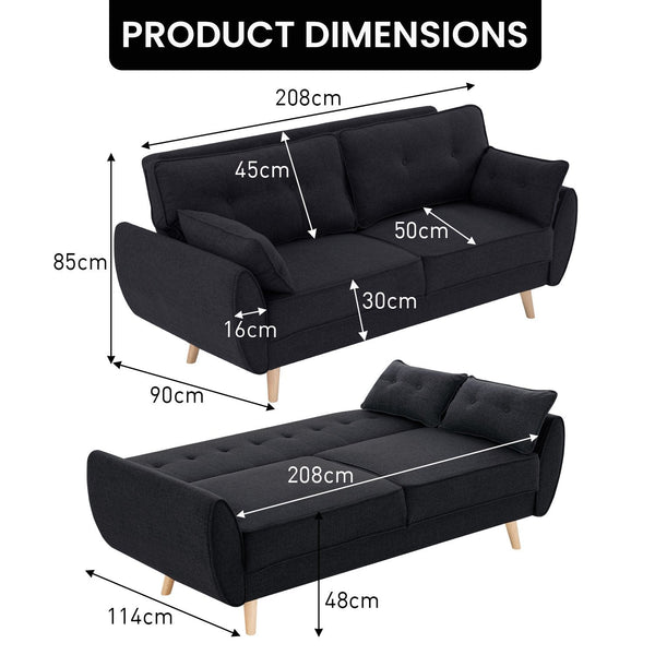 Sarantino 3 Seater Modular Linen Fabric Sofa Bed Couch Futon Suite - Black Sarantino