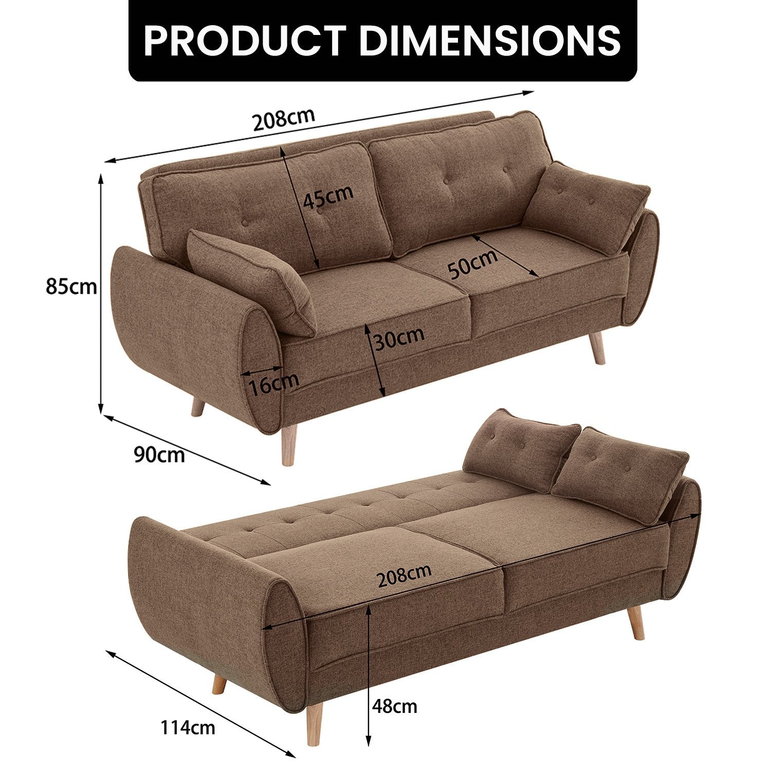 Sarantino 3 Seater Modular Linen Fabric Sofa Bed Couch Futon Suite - Brown Sarantino