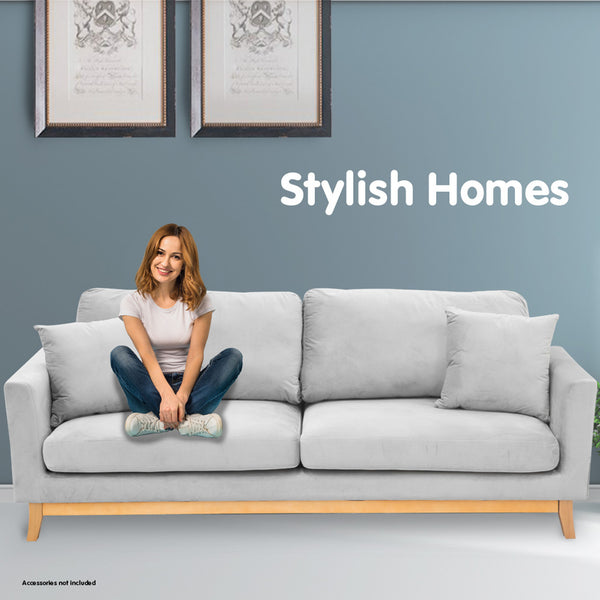 Sarantino 3 Seater Faux Velvet Sofa Bed Couch Furniture Light Grey Sarantino