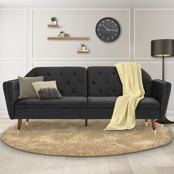 Sarantino Faux Velvet Tufted Sofa Bed Couch Futon - Black Sarantino