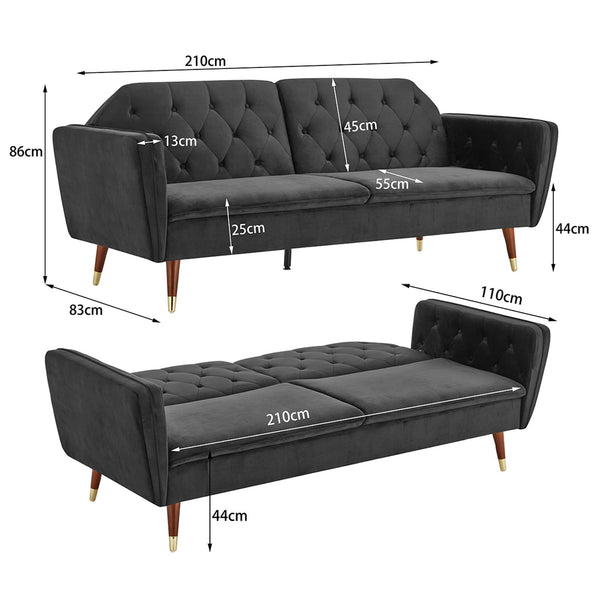 Sarantino Faux Velvet Tufted Sofa Bed Couch Futon - Black Sarantino