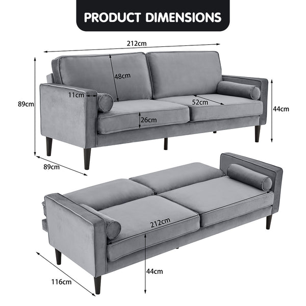 Sarantino Faux Velvet Sofa Bed Couch Furniture Lounge Suite Seat Grey Sarantino