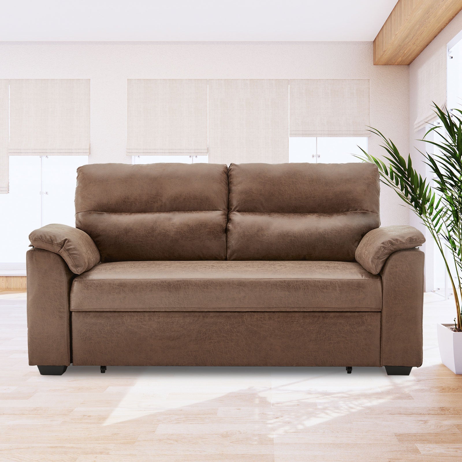 Sarantino Distressed Fabric Sofa Bed Couch Lounge - Brown Sarantino