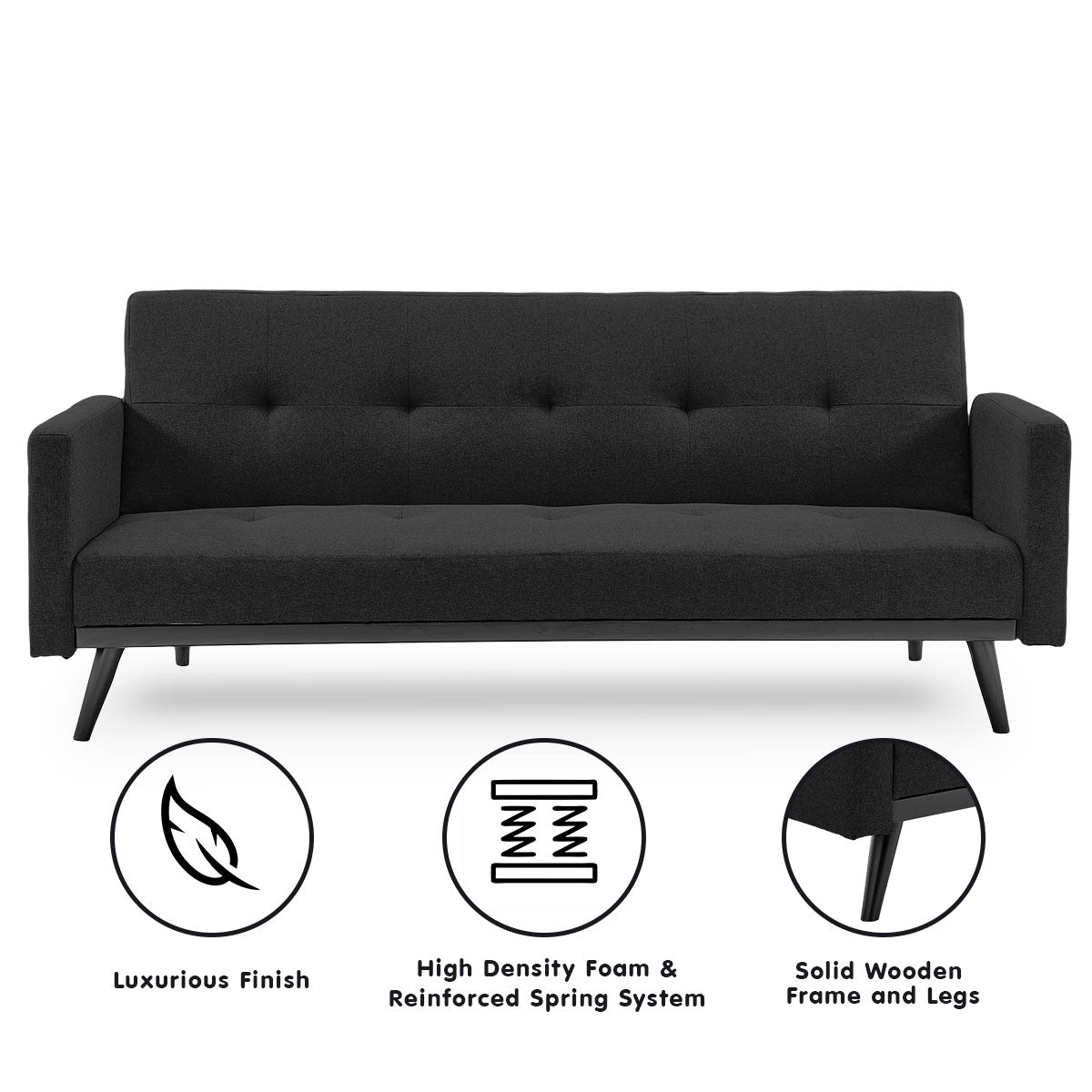 Sarantino Tufted Faux Linen 3-Seater Sofa Bed with Armrests - Black Sarantino