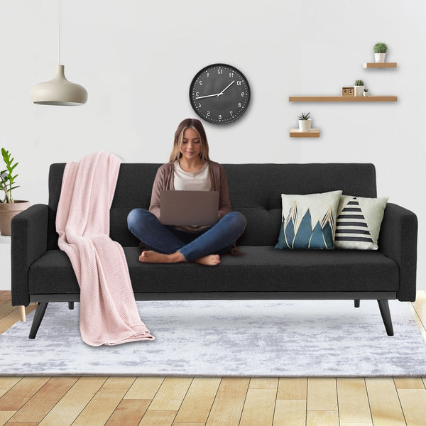 Sarantino Tufted Faux Linen 3-Seater Sofa Bed with Armrests - Black Sarantino