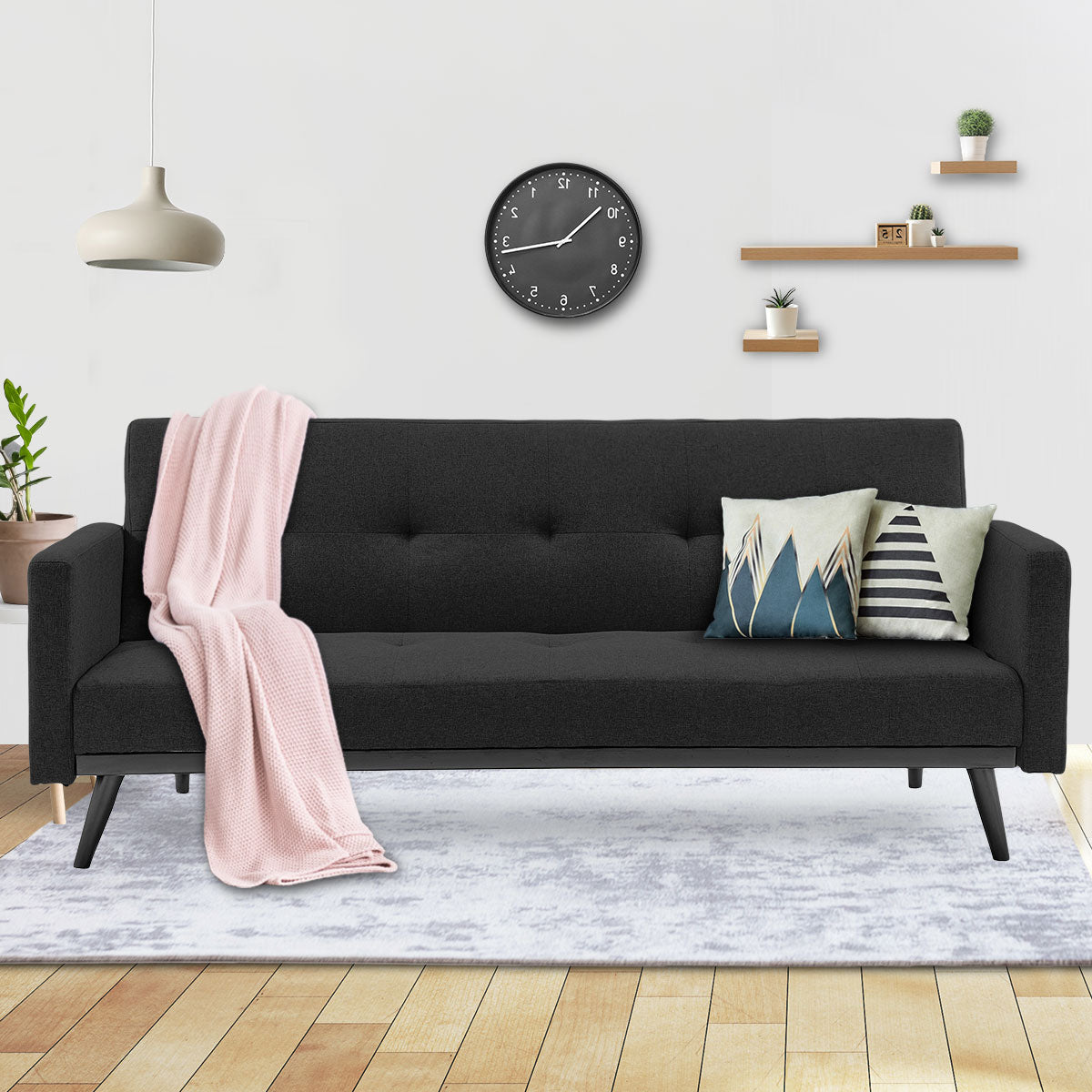 Sarantino Tufted Faux Linen 3-Seater Sofa Bed with Armrests - Black Sarantino