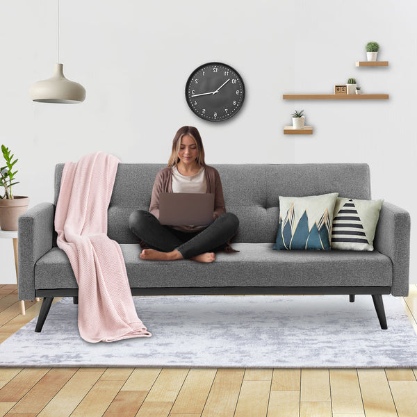 Sarantino Tufted Faux Linen 3-Seater Sofa Bed with Armrests - Light Grey Sarantino