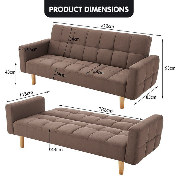 Sarantino 3-Seater Fabric Sofa Bed Futon - Brown Sarantino