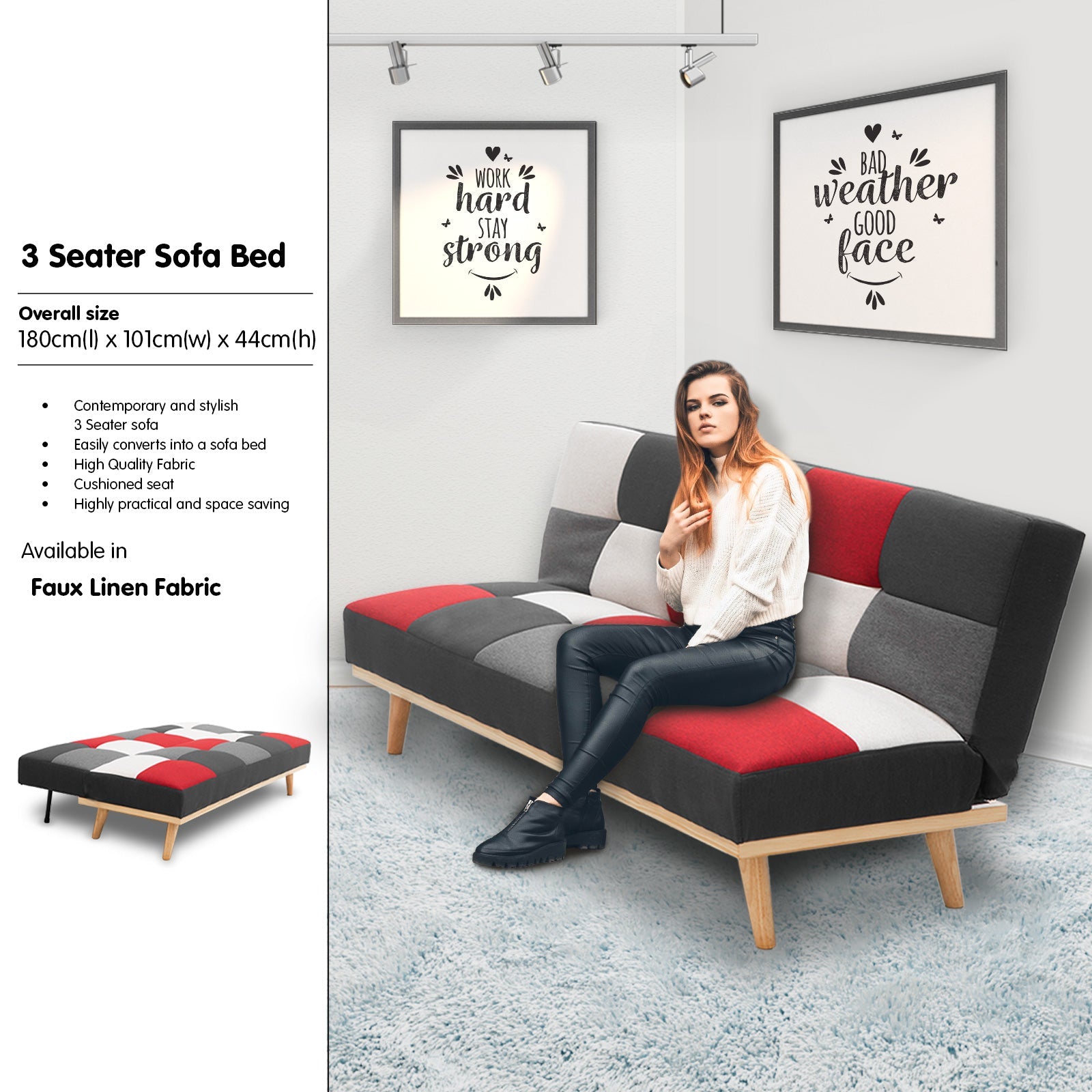 Sarantino 3 Seater Modular Linen Fabric Wood Sofa Bed Couch - Multi-colour Sarantino
