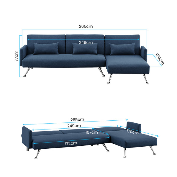 Sarantino Mia 3-Seater Sofa Bed with Chaise & 3 Pillows - Blue Sarantino