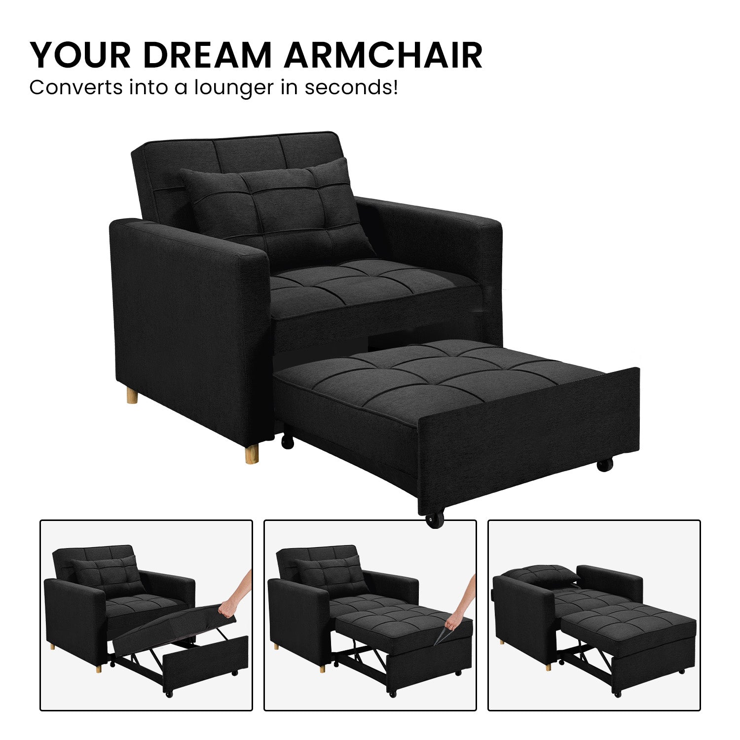 Sarantino Suri 3-in-1 Convertible Lounge Chair Bed - Black Sarantino