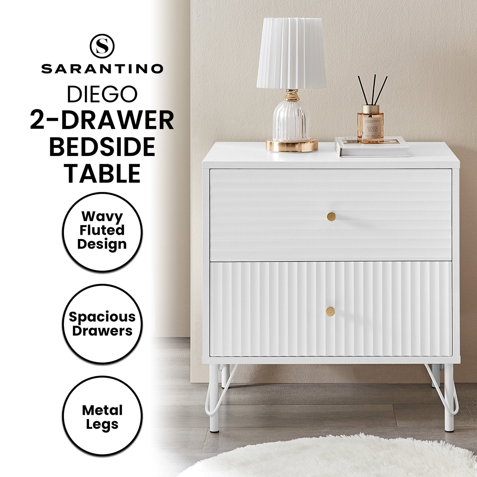 Sarantino Diego Bedside Table Night Stand With 2 Drawers - White Sarantino