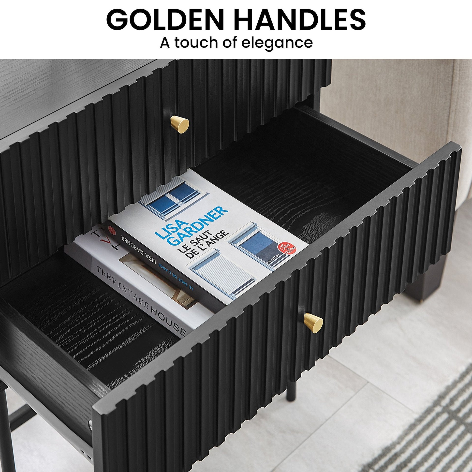 Sarantino Arden Fluted 2-drawer Bedside Table Night Stand - Black Sarantino