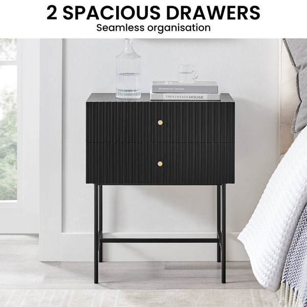 Sarantino Arden Fluted 2-drawer Bedside Table Night Stand - Black Sarantino