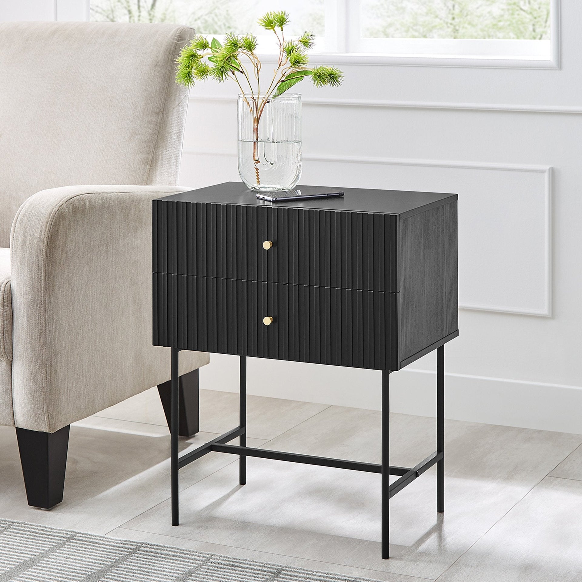 Sarantino Arden Fluted 2-drawer Bedside Table Night Stand - Black Sarantino