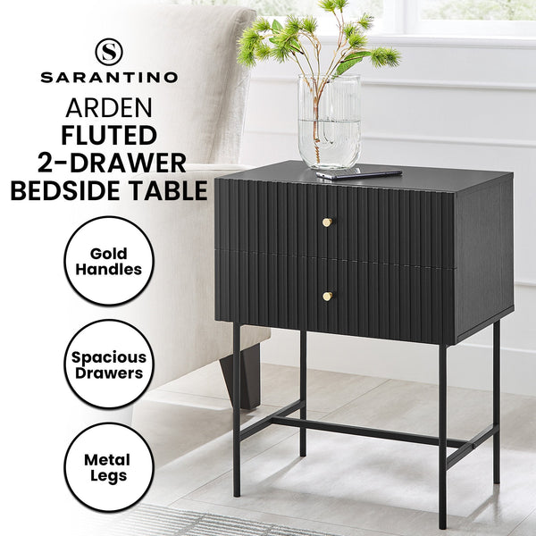 Sarantino Arden Fluted 2-drawer Bedside Table Night Stand - Black Sarantino