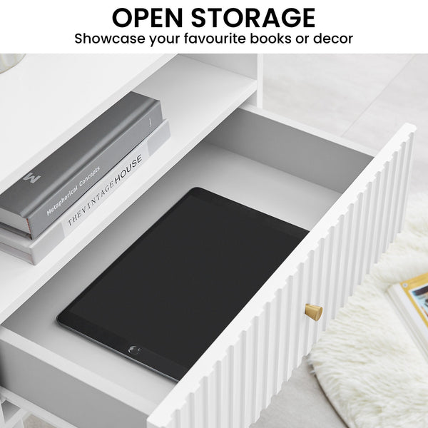 Sarantino Cecil Slender Fluted Bedside Table In White Sarantino