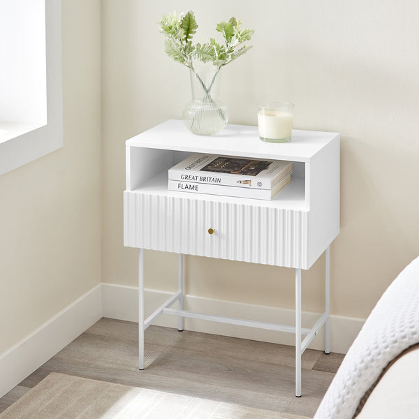 Sarantino Cecil Slender Fluted Bedside Table In White Sarantino