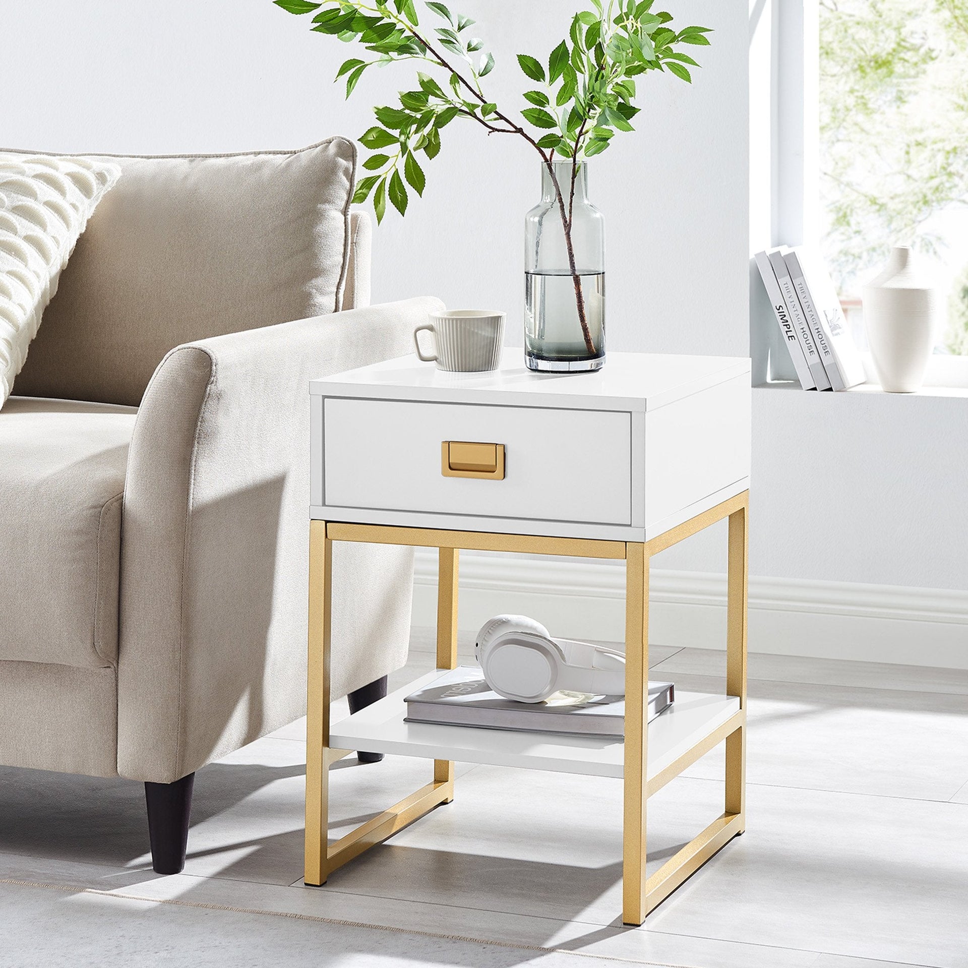 Sarantino Alessia Bedside Table In White/gold Sarantino