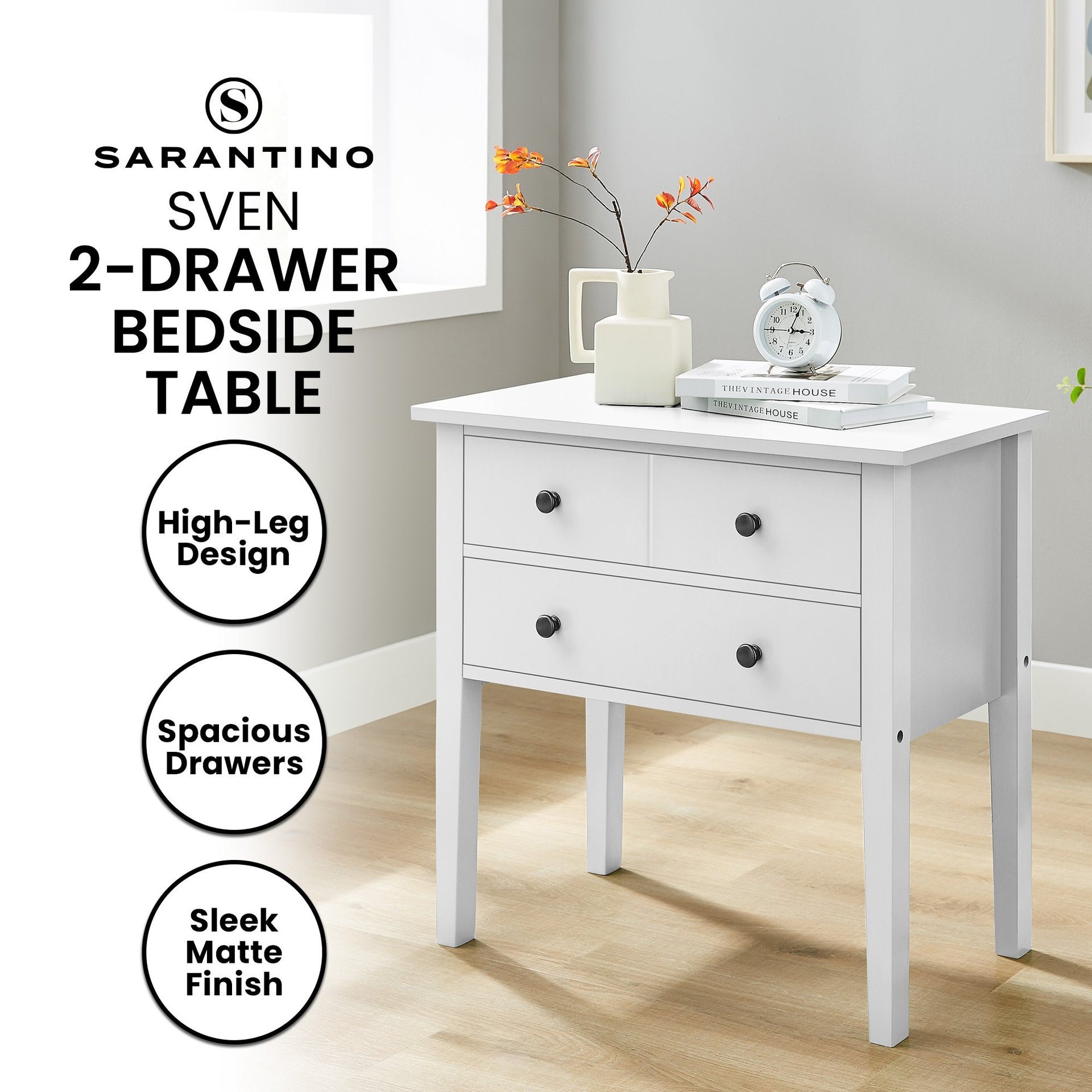 Sarantino Sven Bedside Table Night Stand - White Sarantino