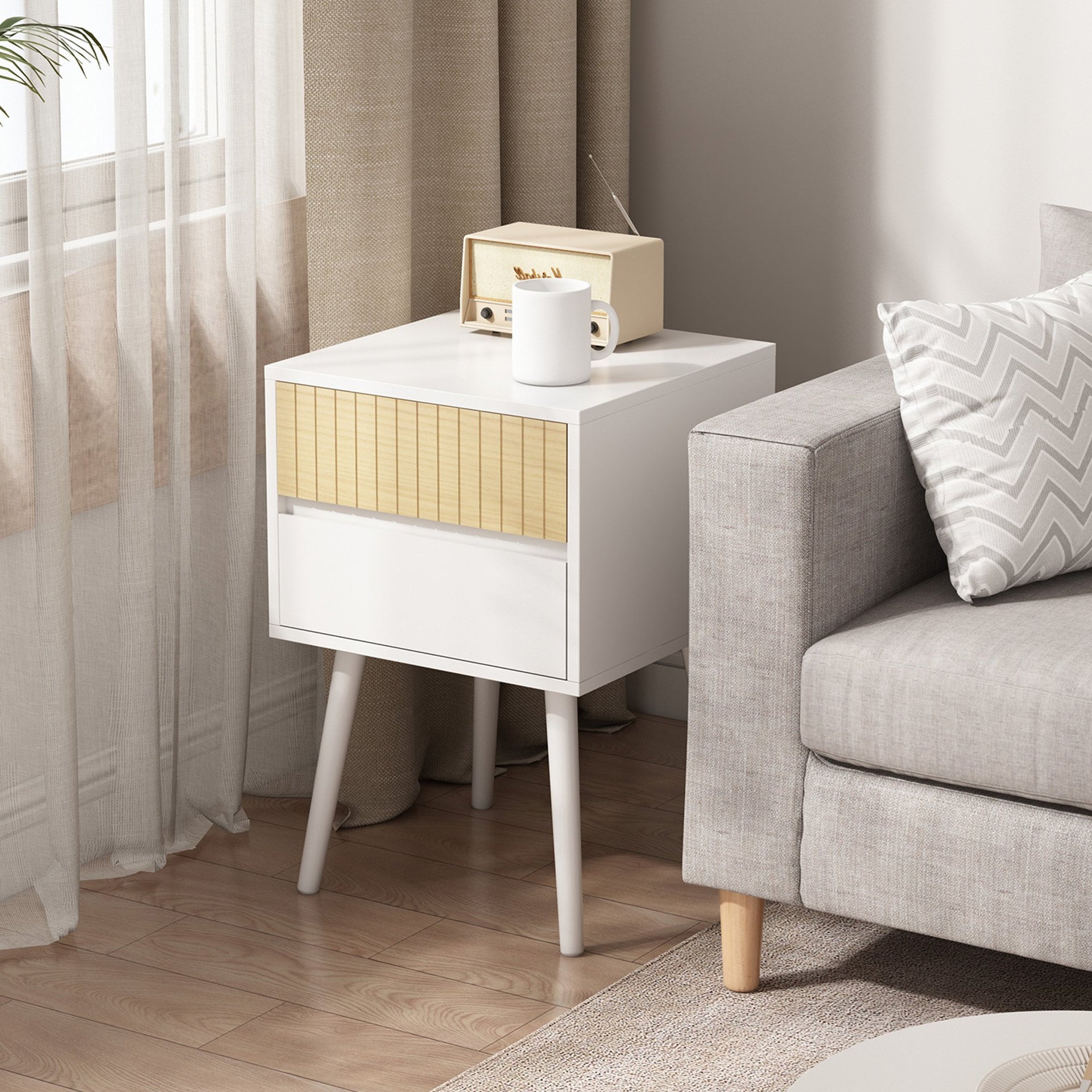 Sarantino Clio Bedside Table Night Stand - White/natural Sarantino