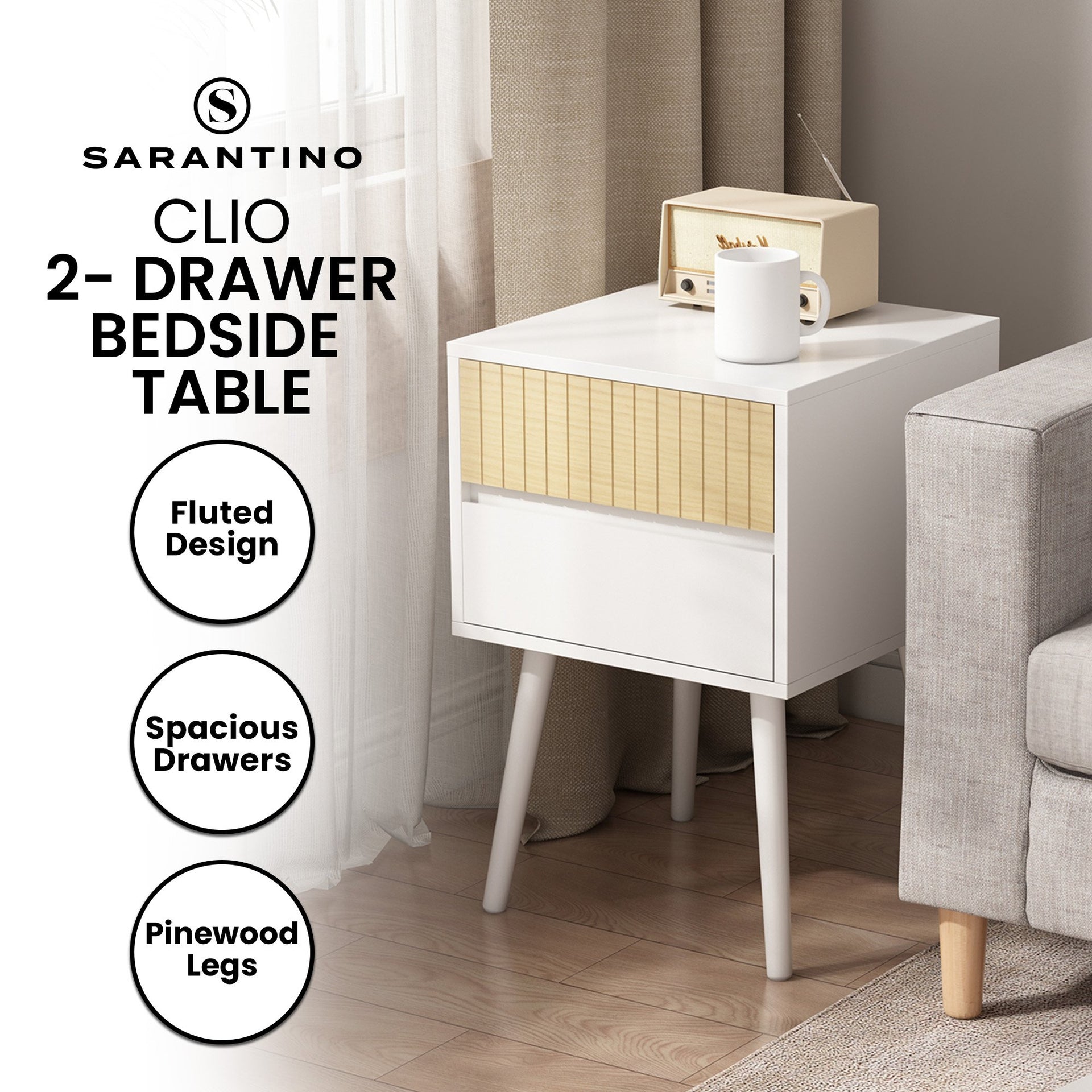 Sarantino Clio Bedside Table Night Stand - White/natural Sarantino