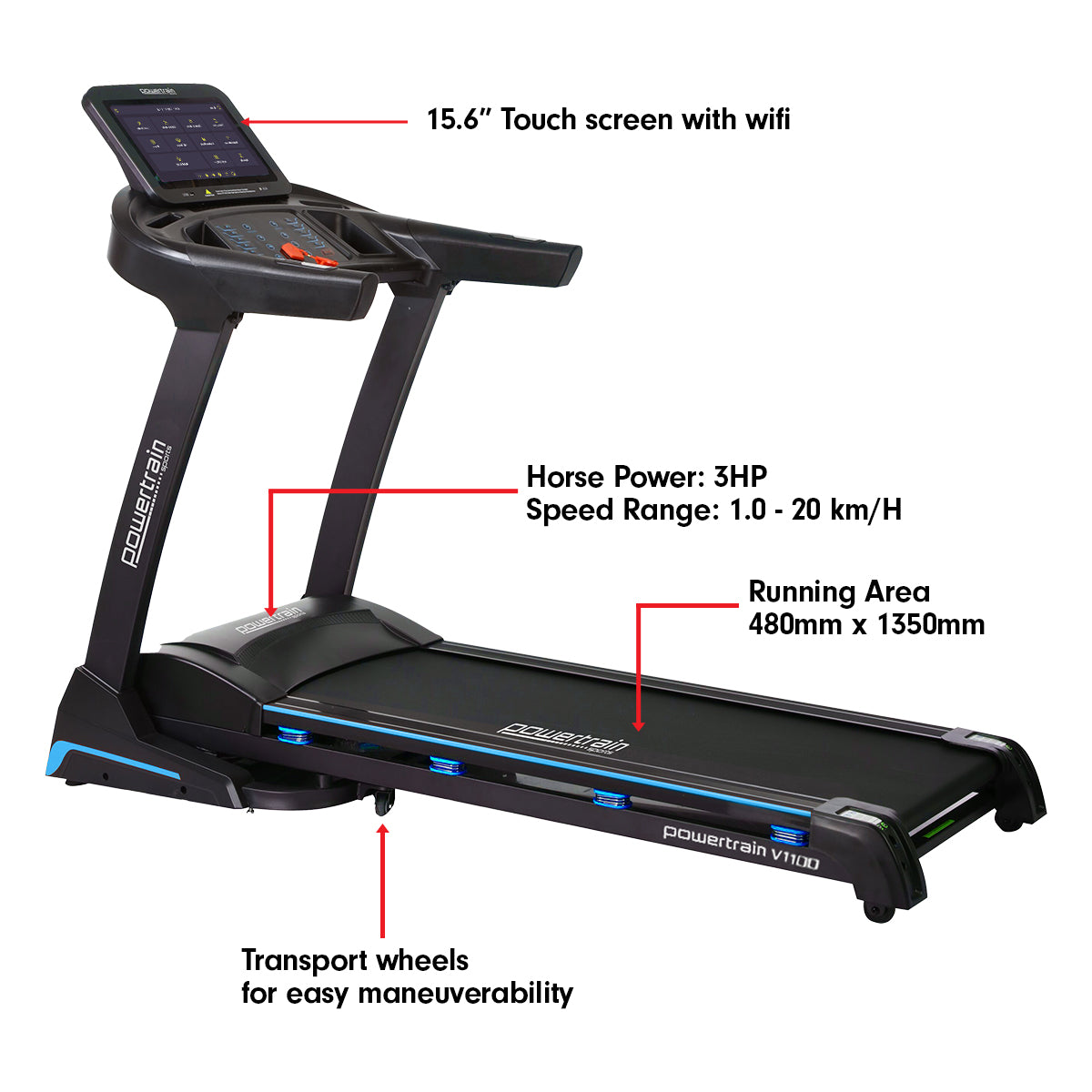 Powertrain V1100 Treadmill with Wifi Touch Screen & Incline Powertrain