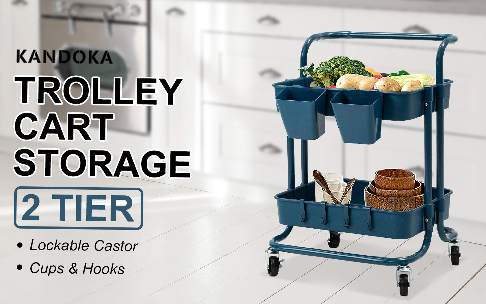 Kandoka 2 Tier Blue Trolley Cart Storage Utility Rack Organiser Swivel Kitchen Kandaka