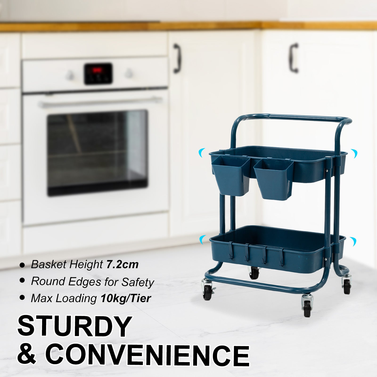 Kandoka 2 Tier Blue Trolley Cart Storage Utility Rack Organiser Swivel Kitchen Kandaka