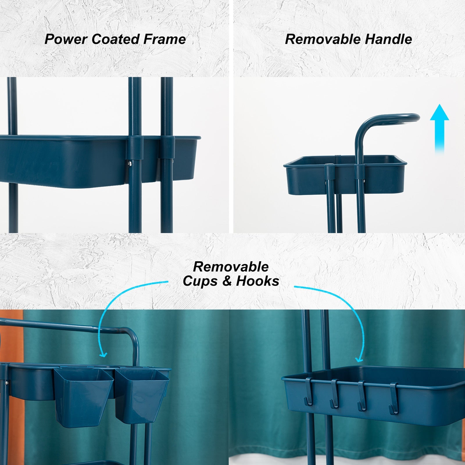 Kandoka 2 Tier Blue Trolley Cart Storage Utility Rack Organiser Swivel Kitchen Kandaka