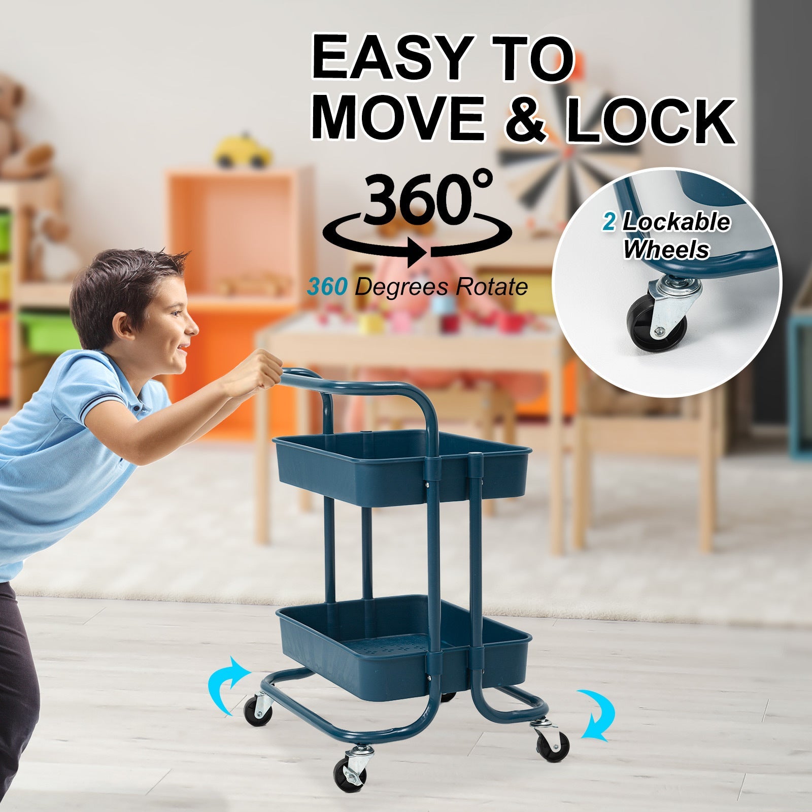 Kandoka 2 Tier Blue Trolley Cart Storage Utility Rack Organiser Swivel Kitchen Kandaka