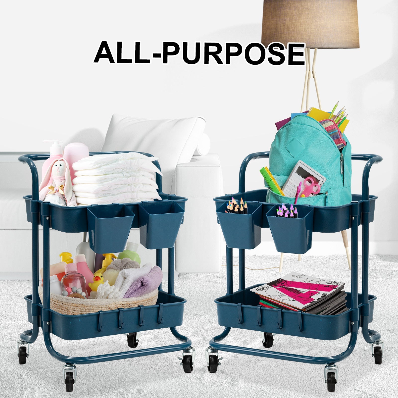 Kandoka 2 Tier Blue Trolley Cart Storage Utility Rack Organiser Swivel Kitchen Kandaka