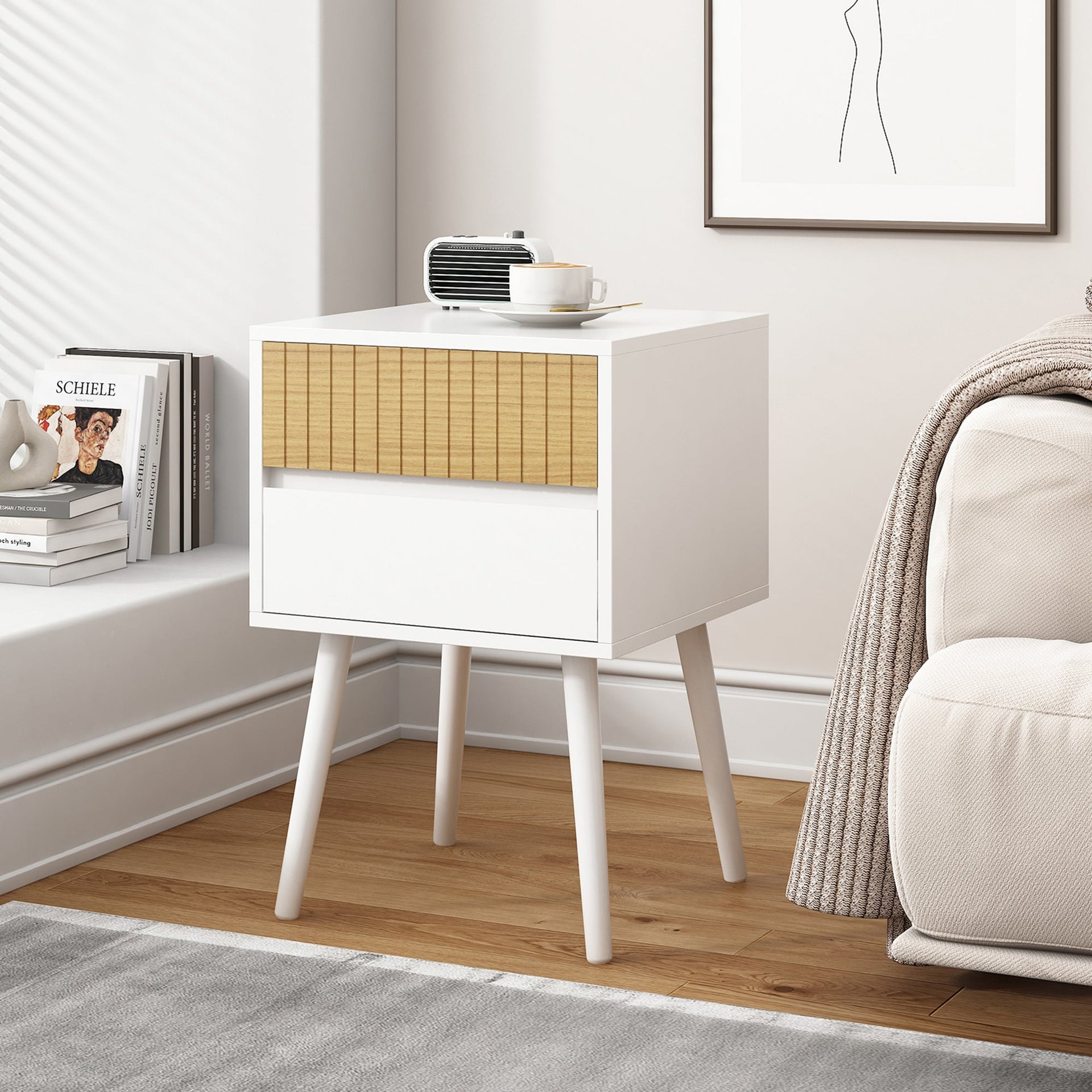 Oslo Bedside Table with 2 Drawer in White & Natural Does not apply