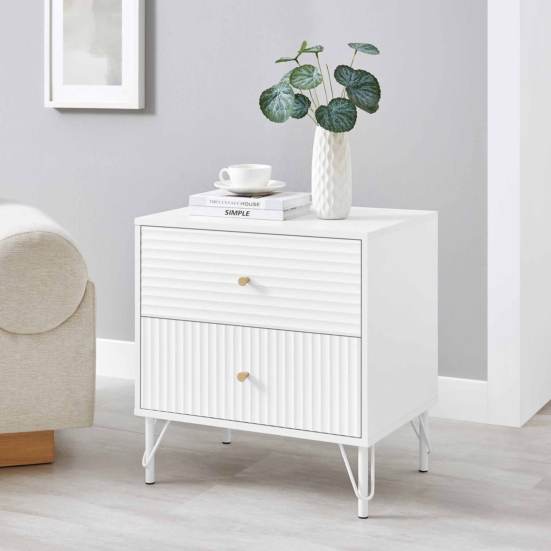 Lisa Wavy Fluted Bedside Table in White Does not apply