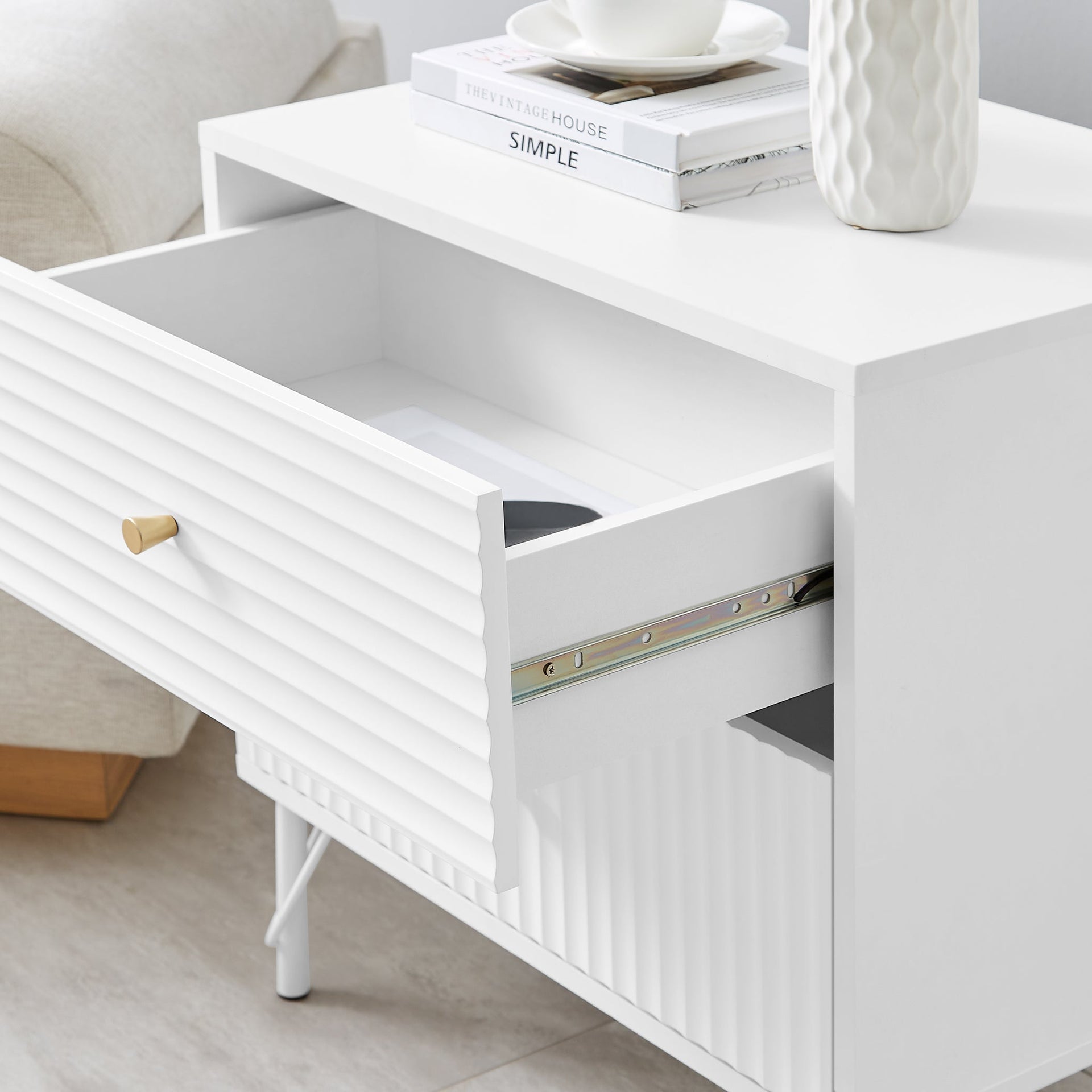 Lisa Wavy Fluted Bedside Table in White Does not apply